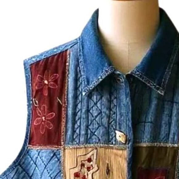 Vintage 90's Y2K Dress Barn Patchwork Fabric Denim Vest Embroidery Button Up 2X - Picture 4 of 8
